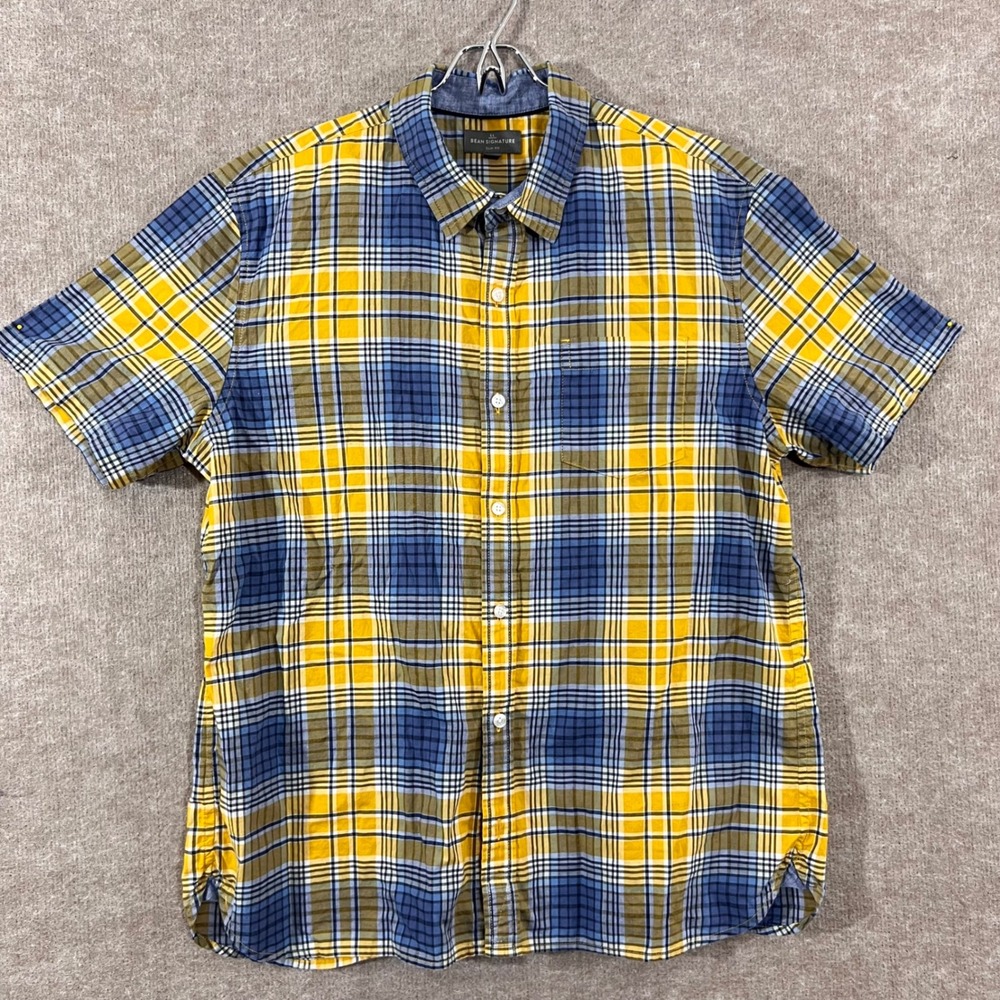 LL Bean Signature Shirt Men Large Slim Fit Yellow Blue Plaid Short Sleeve Cotton